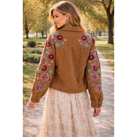 Savanna Jane Womens Corduroy Floral Embroidered Boho Chic Hippie Shacket Large - Picture 2 of 15